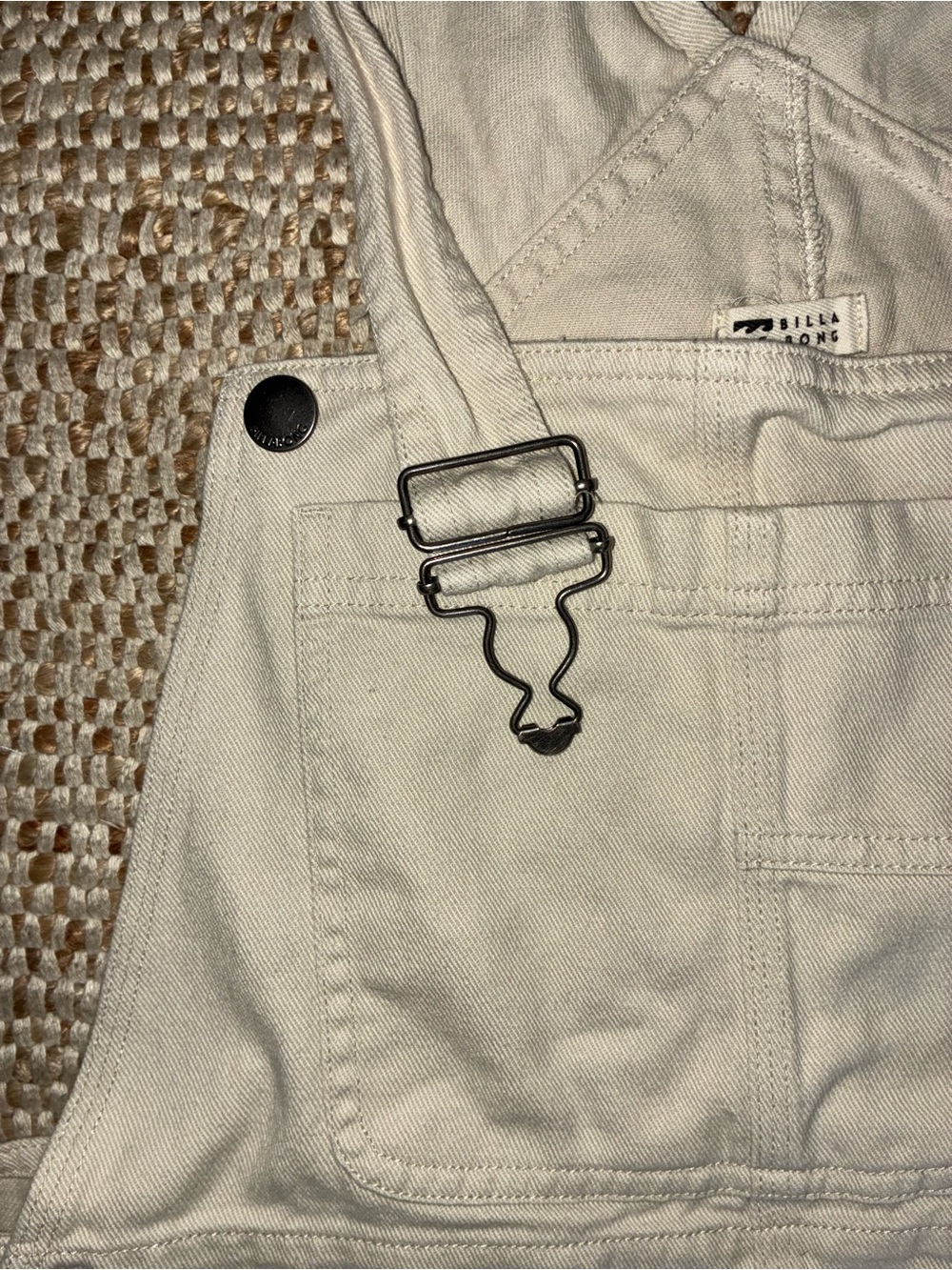 EUC Billabong Cream Denim Short Overalls Women's Medium Boho Summer Festival - Picture 13 of 13